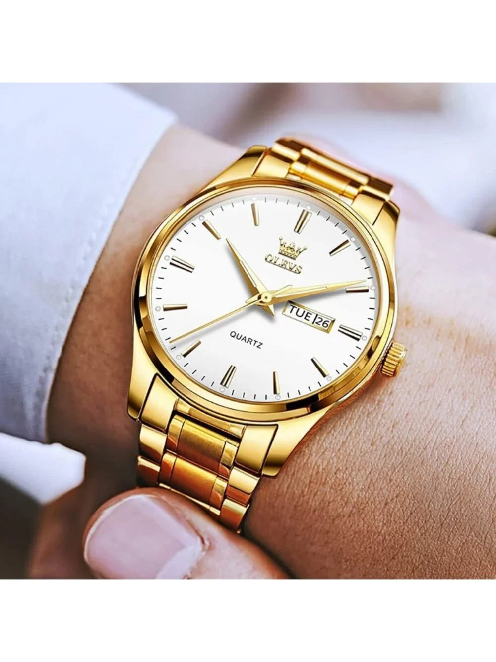 Men's Gold White Stainless Steel Luminous Quartz Waterproof Round Classic Watch